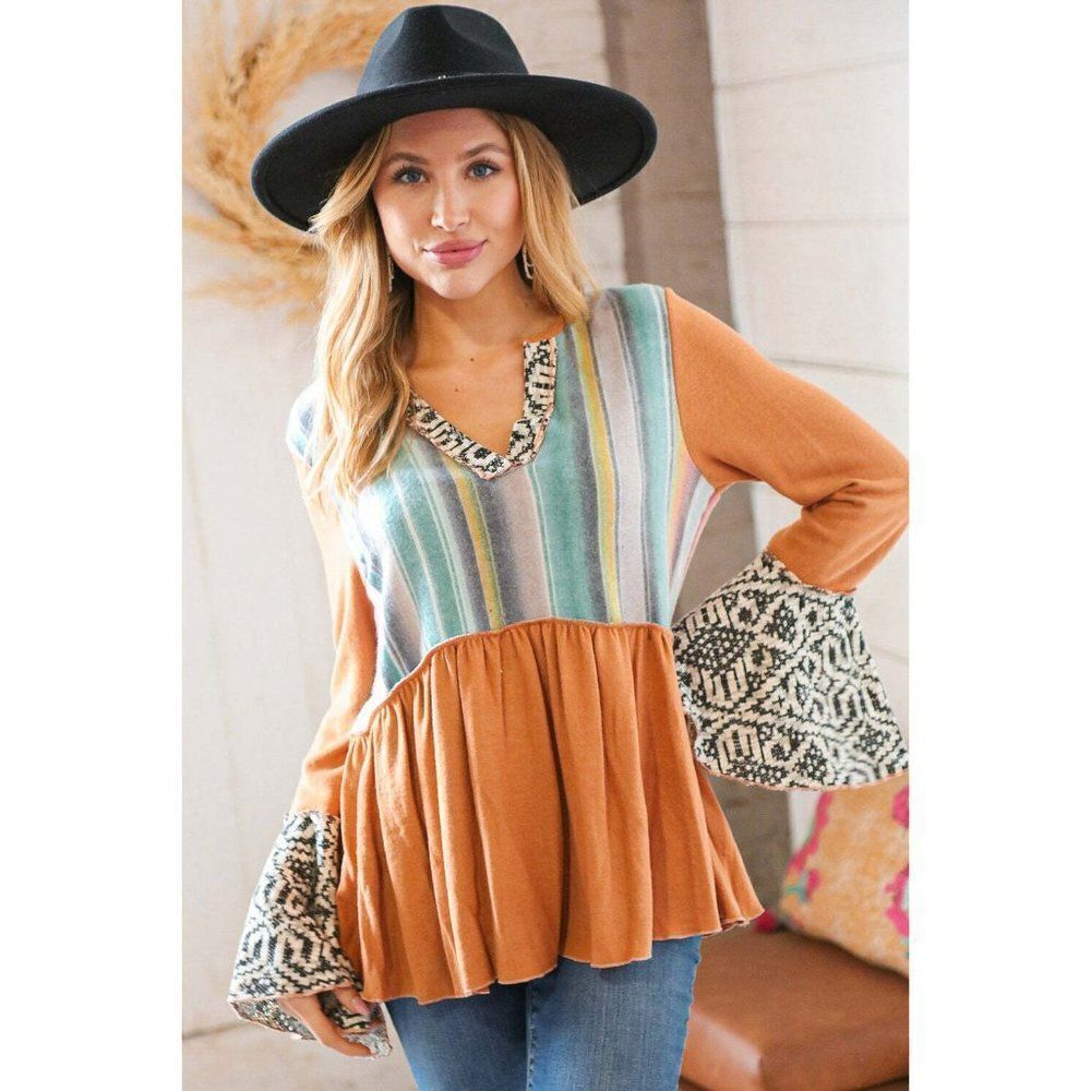 Sugarfox Camel Hacci Multi Stripe Aztec Bell Sleeve Top ST5702A